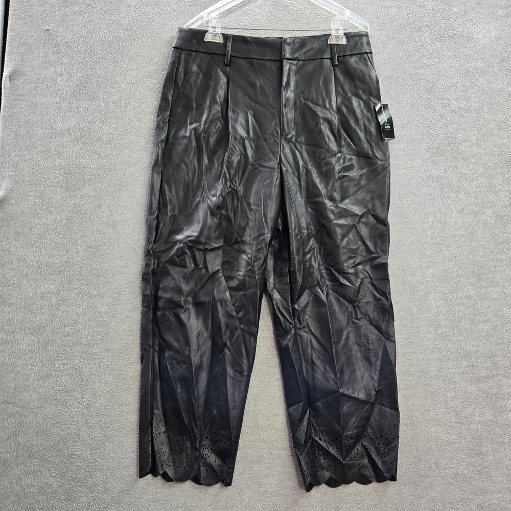 INC Women Pants 16 Black Faux Leather Cropped Laser Cut Scallop 24 in Inseam NWT